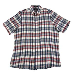 Nordstrom Button Up Linen Shirt Mens Sz L Plaid Short Sleeve Regular Fit Casual